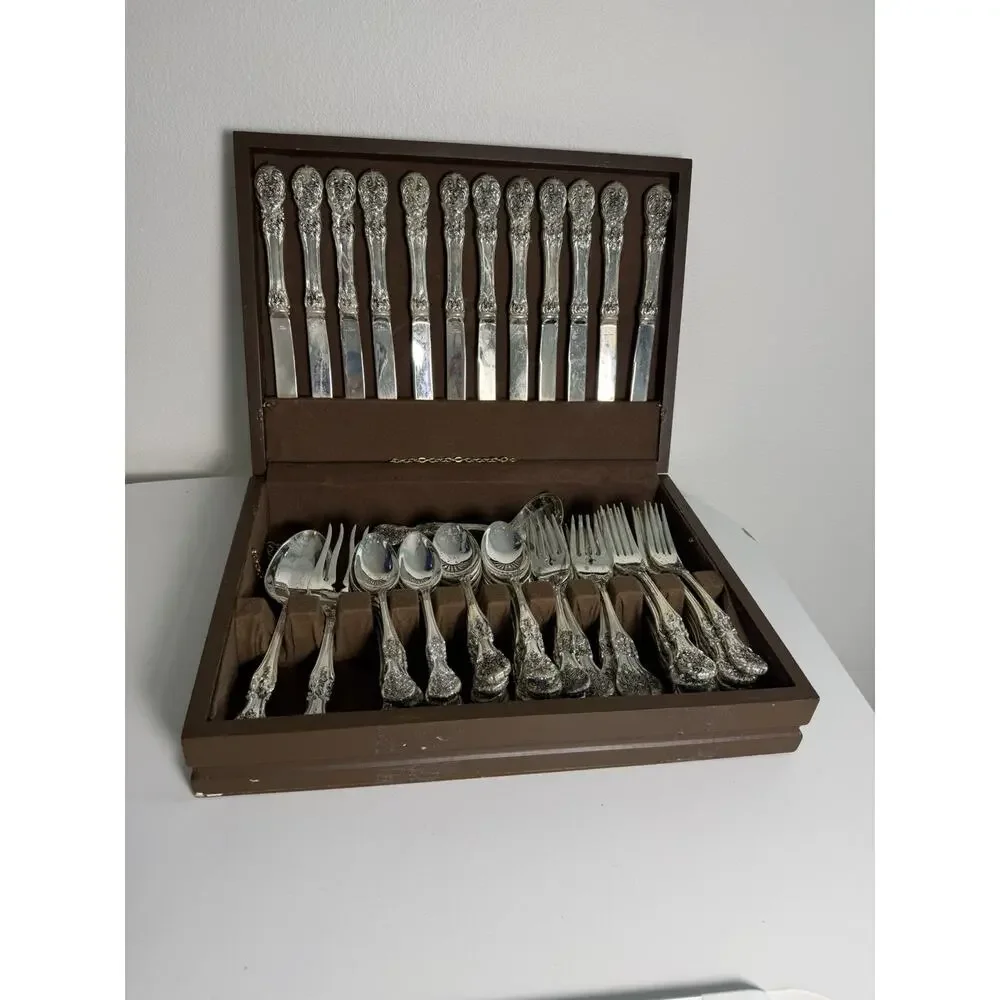 FB Rogers FRENCH ROSE Ornate Silver Plate Flatware Set 63 Piece Serves 12 Case